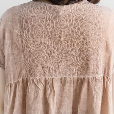 stylish cotton shirts plus size clothing Casual Summer Short Sleeve Beige Boat Neck Blouse