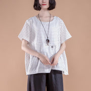 stylish cotton summer top plus size clothing Short Sleeve Plaid Summer Casual White Women Tops