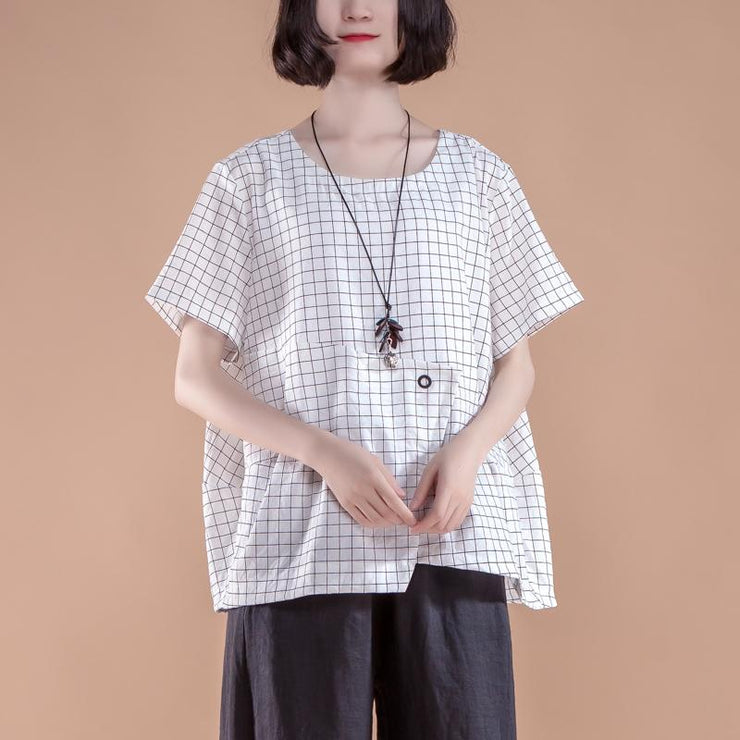 stylish cotton summer top plus size clothing Short Sleeve Plaid Summer Casual White Women Tops