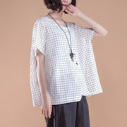 stylish cotton summer top plus size clothing Short Sleeve Plaid Summer Casual White Women Tops