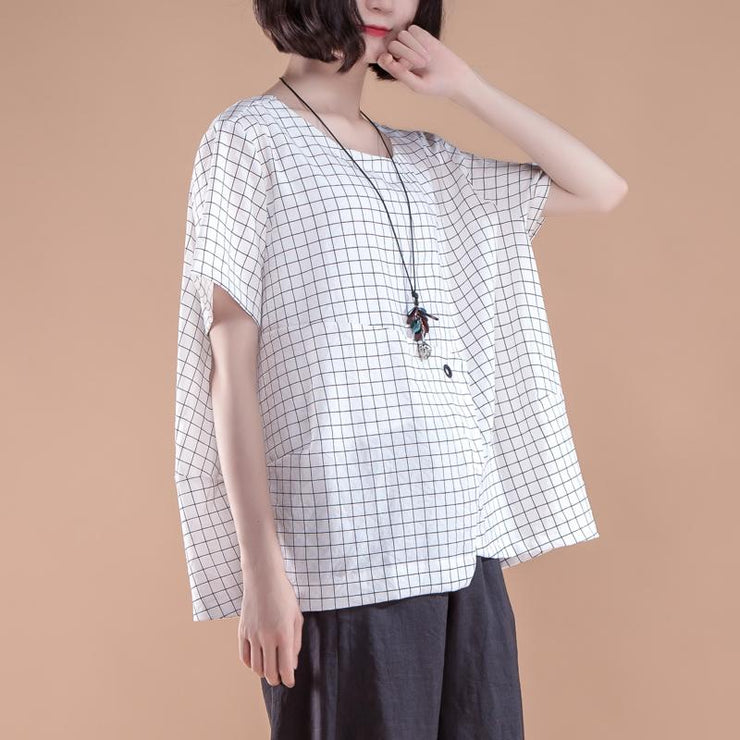 stylish cotton summer top plus size clothing Short Sleeve Plaid Summer Casual White Women Tops
