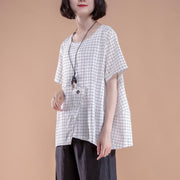 stylish cotton summer top plus size clothing Short Sleeve Plaid Summer Casual White Women Tops