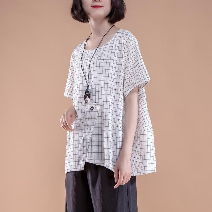 stylish cotton summer top plus size clothing Short Sleeve Plaid Summer Casual White Women Tops