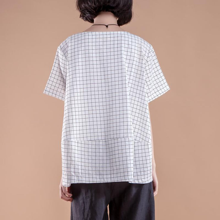 stylish cotton summer top plus size clothing Short Sleeve Plaid Summer Casual White Women Tops