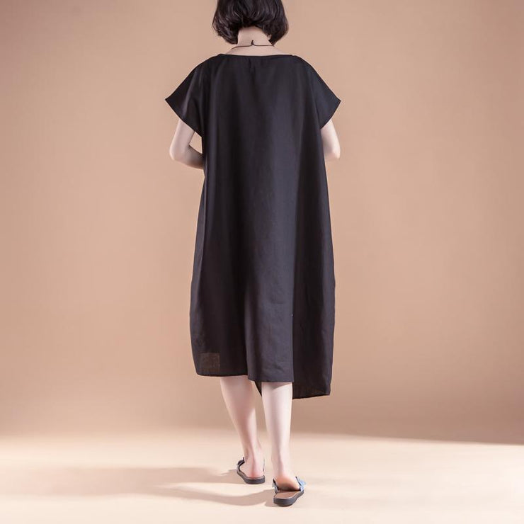 stylish linen summer dress casual Short Sleeve High-low Hem Summer Casual Black Dress