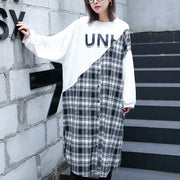 stilvolles weißes kariertes Patchwork-Kaftan aus Baumwollmischung, übergroßes Reisekleid mit O-Ausschnitt, feines, seitlich offenes Baggy-Kleid