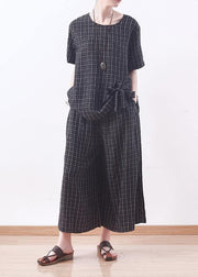 summer casual black plaid silk loose t shirt with women wide leg pants two pieces - SooLinen