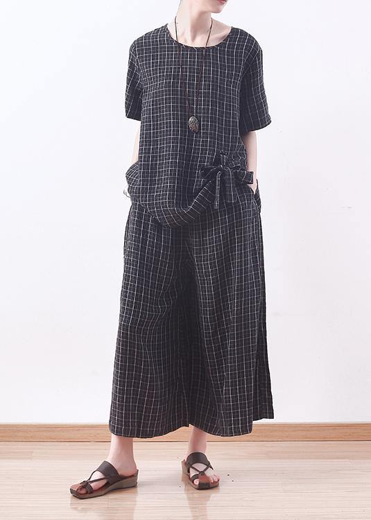 summer casual black plaid silk loose t shirt with women wide leg pants two pieces - SooLinen