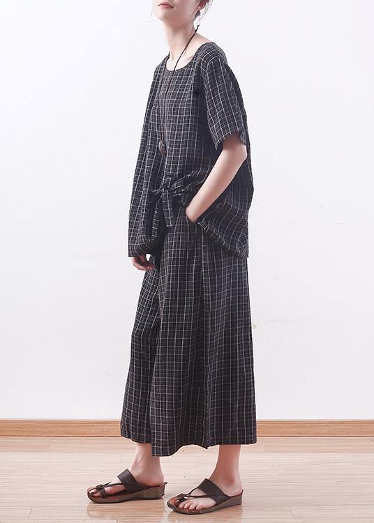 summer casual black plaid silk loose t shirt with women wide leg pants two pieces - SooLinen