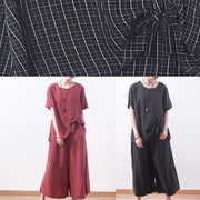 summer casual black plaid silk loose t shirt with women wide leg pants two pieces - SooLinen