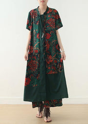 summer silk blended two pieces v neck short sleeve cardigan with elastic waist wide leg pants - SooLinen