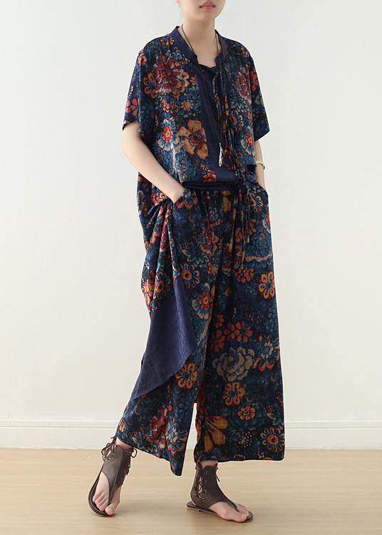summer silk blended two pieces v neck short sleeve cardigan with elastic waist wide leg pants - SooLinen