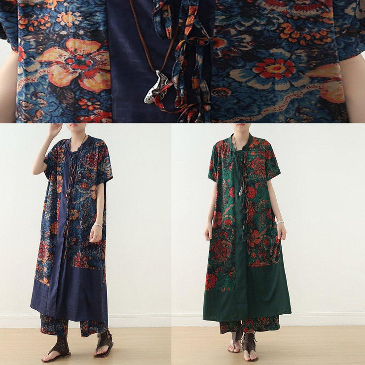 summer silk blended two pieces v neck short sleeve cardigan with elastic waist wide leg pants - SooLinen