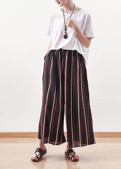 summer striped casual chiffon plus size elastic waist wide leg pants - SooLinen