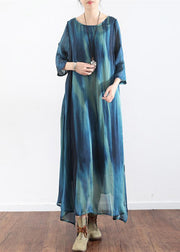 the sea blue print silk dresses plus size causal long silk caftans oversize gowns bracelet sleeves