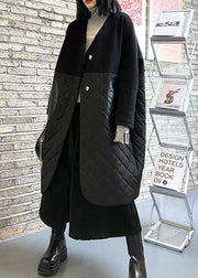 thick black overcoat clothing down jacket v neck patchwork winter coats - SooLinen