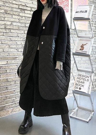 thick black overcoat clothing down jacket v neck patchwork winter coats - SooLinen