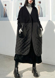 thick black overcoat clothing down jacket v neck patchwork winter coats - SooLinen