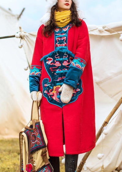 thick plus size Jackets & Coats embroidery winter outwear red Chinese Button Parkas for women - SooLinen
