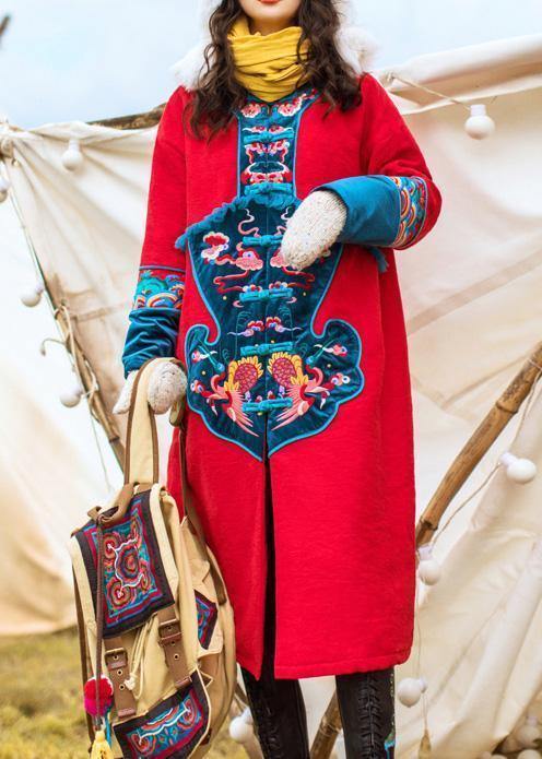 thick plus size Jackets & Coats embroidery winter outwear red Chinese Button Parkas for women - SooLinen