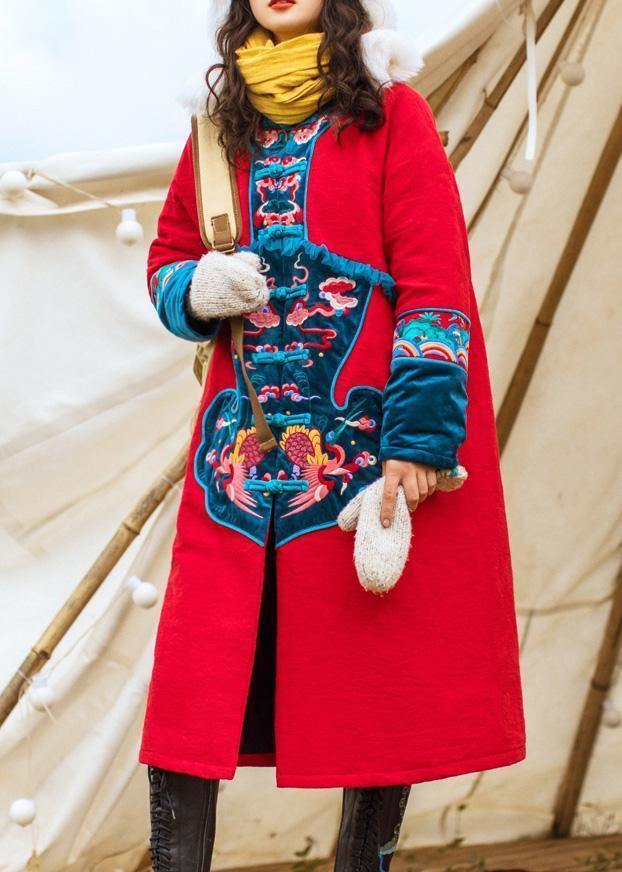 thick plus size Jackets & Coats embroidery winter outwear red Chinese Button Parkas for women - SooLinen