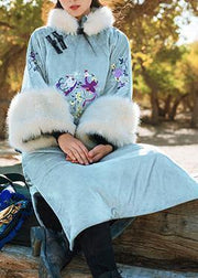 thick plus size snow jackets side open overcoat gray patchwork overcoat - SooLinen