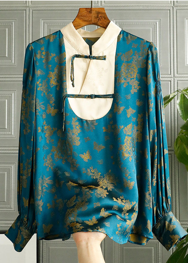 Feiner grüner Stehkragen Knopfdruck Patchwork Seide Tops Frühling