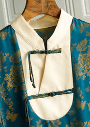 Feiner grüner Stehkragen Knopfdruck Patchwork Seide Tops Frühling