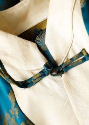 Feiner grüner Stehkragen Knopfdruck Patchwork Seide Tops Frühling