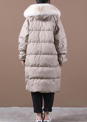 Loose fitting snow jackets pocket outwear khaki hooded fur collar down coats - SooLinen