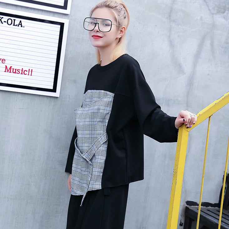 fine black Plaid cotton tops plus size O neck traveling fine patchwork asymmetric cotton tops
