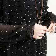 fine black chiffon sundress Stand long sleeve prom dress Cinched tulle dress