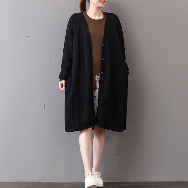 feine schwarze Mäntel plus Größendrucke Maximantel Boutique V-Ausschnitt lange Strickjacken