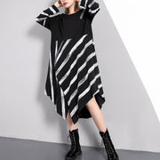 fine black striped 2018 fall plus size dresses asymmetrical design vintage O neck cotton blended dress