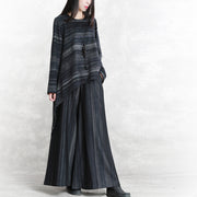 fine black striped pure cotton blended two pieces plus size traveling clothing boutique long sleeve o neck pockets tops cotton blended baggy trouse