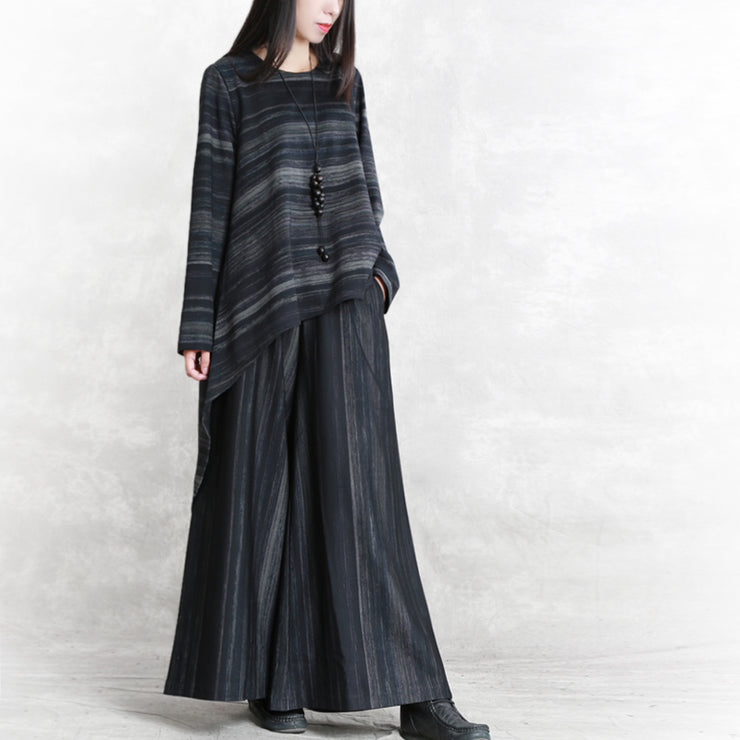 fine black striped pure cotton blended two pieces plus size traveling clothing boutique long sleeve o neck pockets tops cotton blended baggy trouse