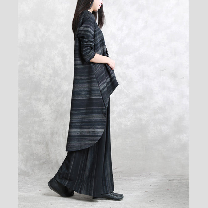 fine black striped pure cotton blended two pieces plus size traveling clothing boutique long sleeve o neck pockets tops cotton blended baggy trouse