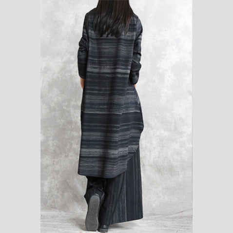 fine black striped pure cotton blended two pieces plus size traveling clothing boutique long sleeve o neck pockets tops cotton blended baggy trouse