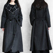 fine black striped wool coat oversized trench coat Notched patchwork - SooLinen