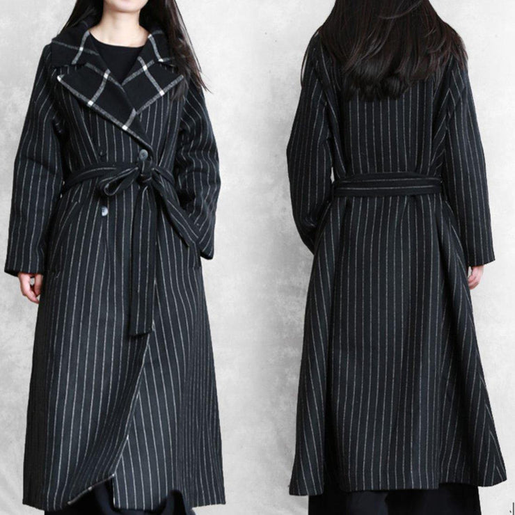 fine black striped wool coat oversized trench coat Notched patchwork - SooLinen