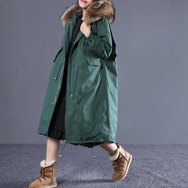 fine blackish green Puffers Jackets clothing hooded fur collar quilted coat New drawstring pockets winter outwear