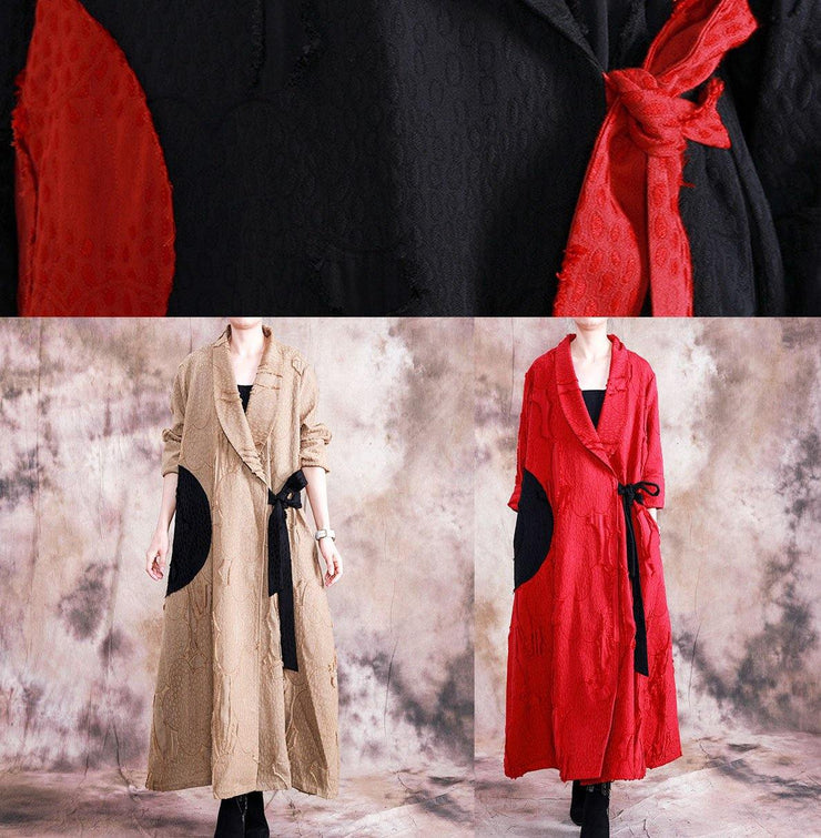 fine casual fall women coats black turn-down collar tie waist overcoat - SooLinen