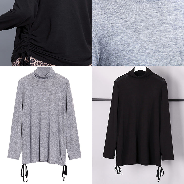 fine gray pure tops oversized high neck cotton t shirt fine drawstring blouses
