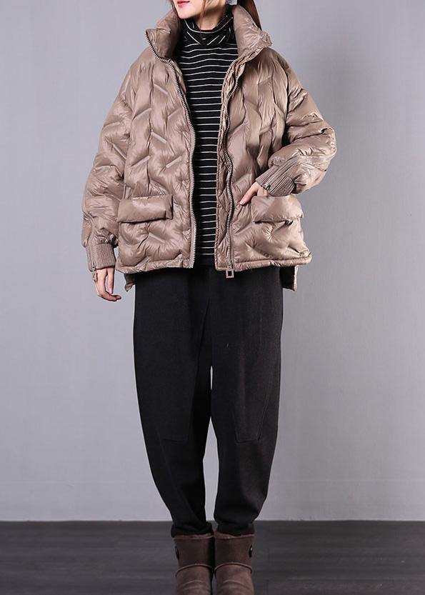fine khaki coat oversized Jackets & Coats stand collar zippered outwear - SooLinen