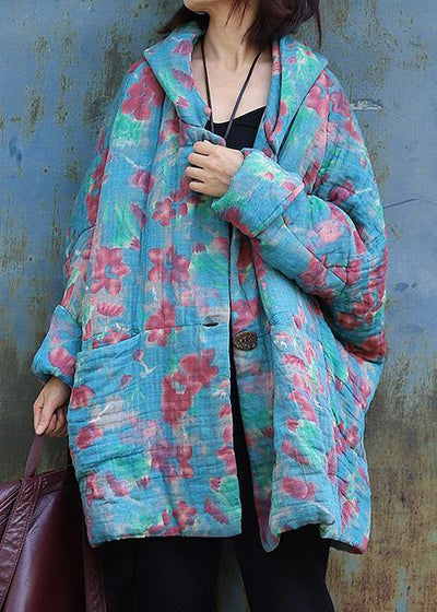 fine oversized down jacket hooded winter outwear blue prints winter casual outfit - SooLinen