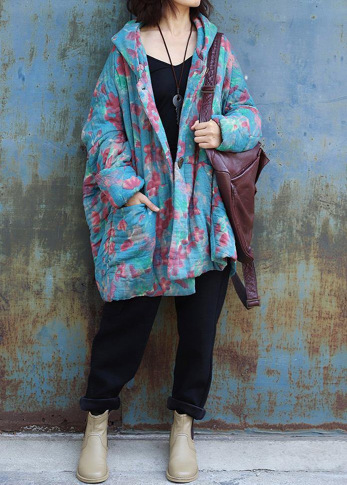 fine oversized down jacket hooded winter outwear blue prints winter casual outfit - SooLinen