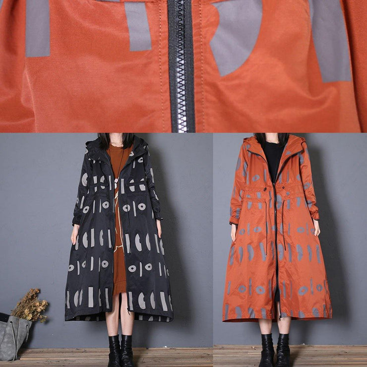 fine oversized trench coat fall black prints hooded drawstring coat - SooLinen