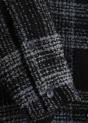 fine plus size clothing Winter coat outwear black plaid hooded patchwork Woolen Coats - SooLinen