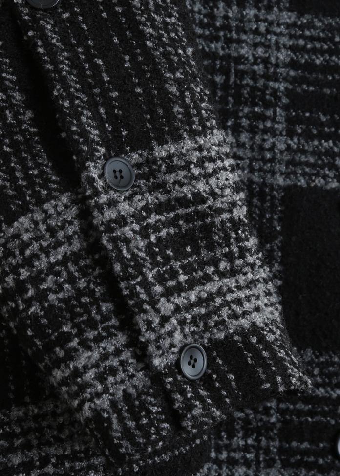 fine plus size clothing Winter coat outwear black plaid hooded patchwork Woolen Coats - SooLinen