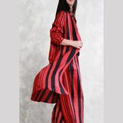 fine red striped silk linen two pieces plus size tops women long sleeve Turn-down Collar silk linen tops vintage baggy pants